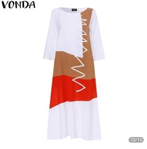 VONDA Midi Length 100% Cotton Dress w/Red & Tan Inserts & White ZigZag Accent 4X